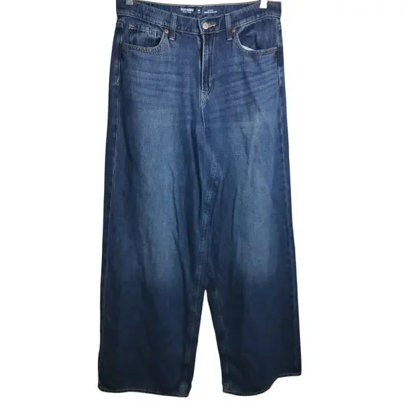 5105) Old Navy 10 Tall Hi Rise Baggy Wide Leg Drapey Denim Mediums Wash - Picture 2 of 9